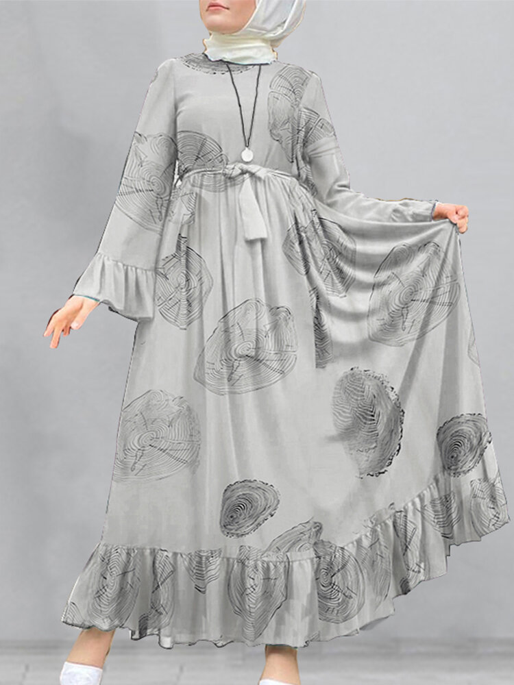 Women Print Lace-Up Flare Sleeve Ruffle Swing Casual Maxi Dresses