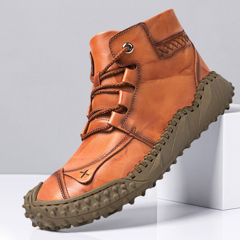 Men Genuine Leather Toe-Protected Lace-up Casual Hand-stitched Boots