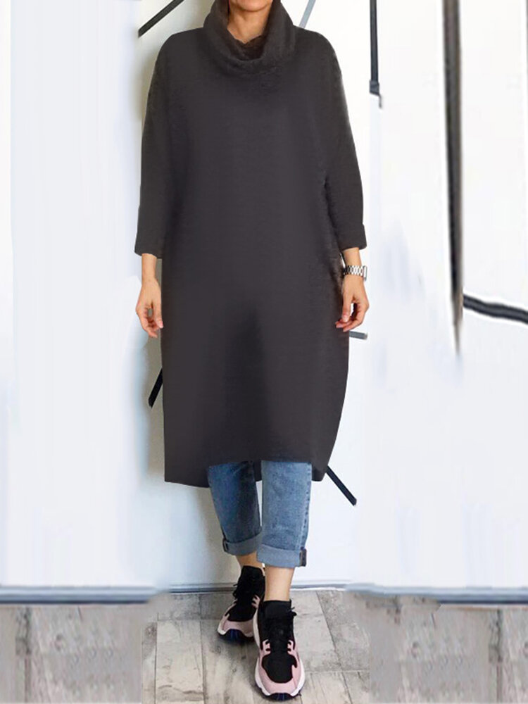 Women Turtleneck Pleated Spliced Solid Calf Length Loose Midi Dresses