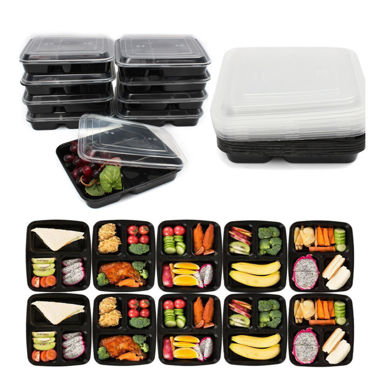 10pcs meal prep lunch box 3 compartment plastic reusable kitchen