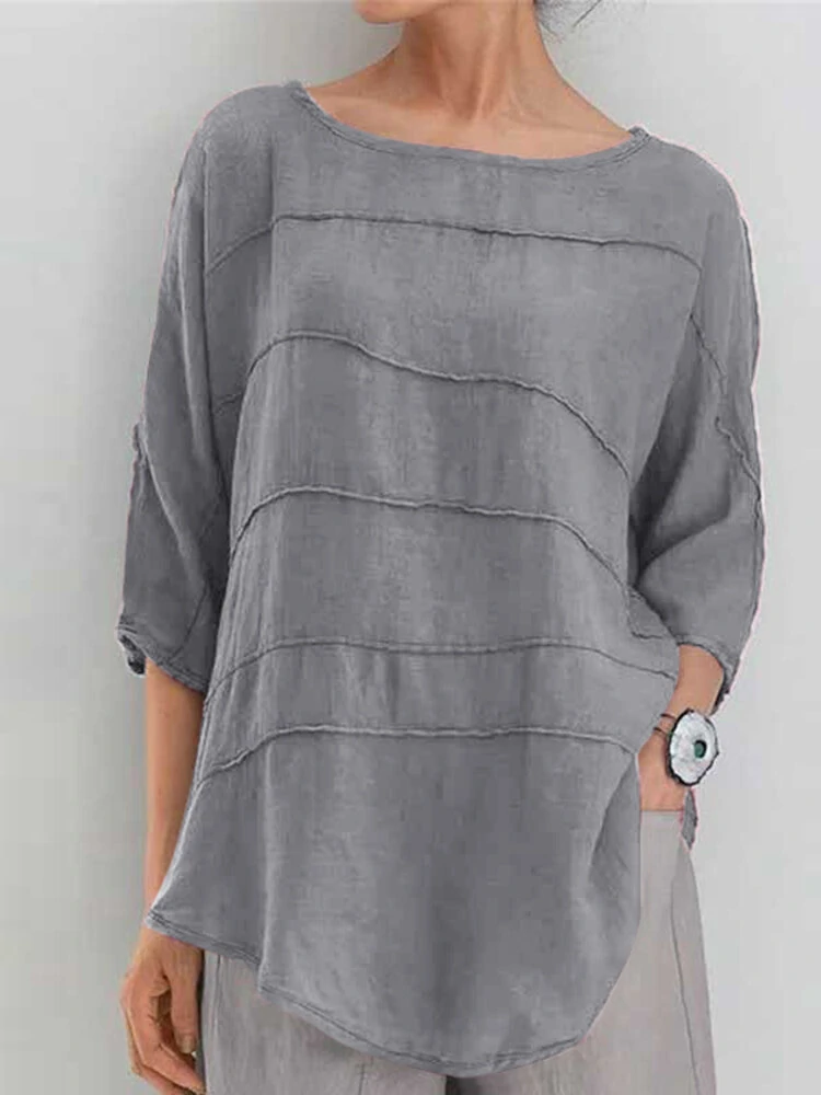 Solid 3/4 sleeve crew neck blouse for women