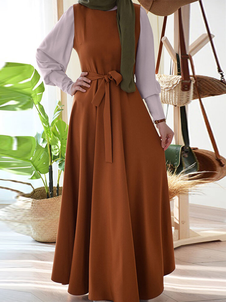Dames vintage contrasterende kleur patchwork riem met lange mouwen casual maxi-jurk