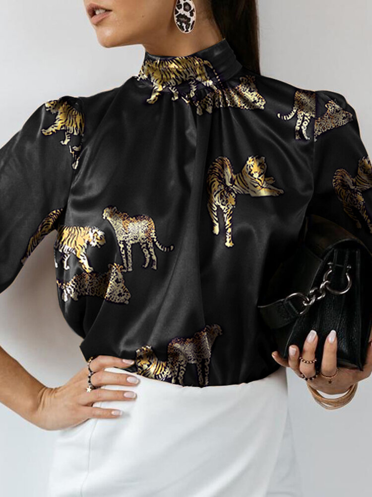 Women Tiger Print Pleated Satin Casual Long Sleeve Blouses