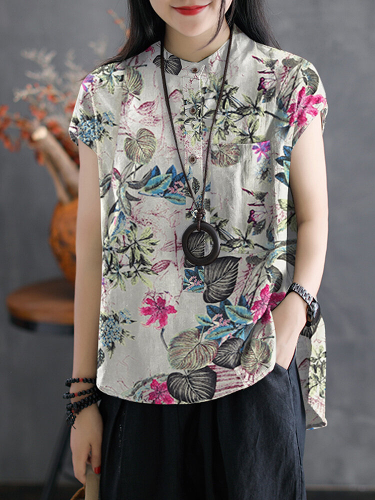 Loose Fit 100% Cotton Button Flowers Short in Front and Long in Back Split Sleeveless Shirt for Wome