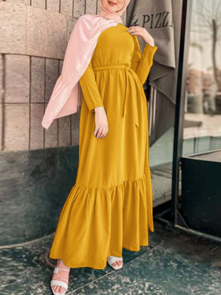 Dames Vintage geplooide gesplitste riem losse lange mouwen tuniek casual maxi jurk