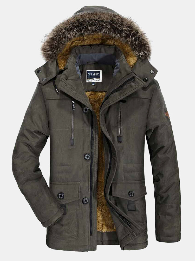 Men’s Fleece Lined Multi Pocket Faux Fur Collar Detachable Hooded Coat