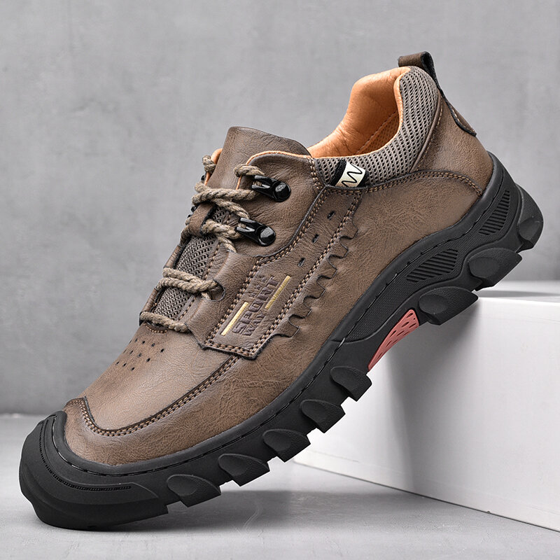 Men Genuine Leather Slip Resistant Lace-up Casual Sport Hiking Shoes