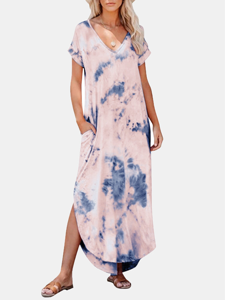 Tie Dye Print V-neck Side Pocket Split Irregular Hem Maxi Dress