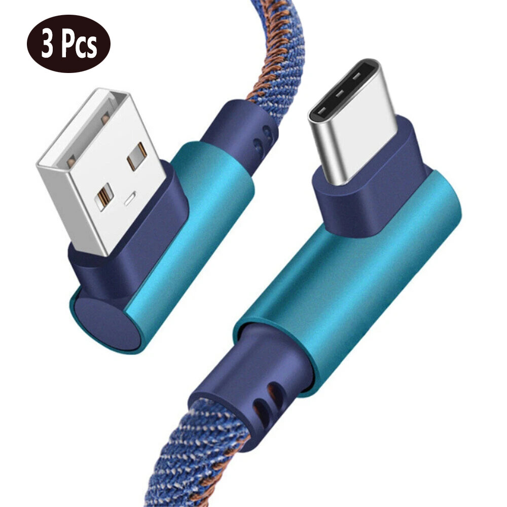 

[3Pcs Blue] Bakeey 2.4A USB to USB-C Cable Denim Braided Elbow Fast Charging Data Transmission Cord Line 2m long For Sam