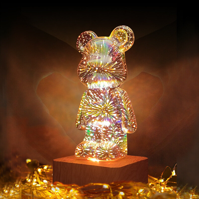 

3D Firework Bear Night Light Projection Colorful USB Atmosphere Dimming Decor Room 3D Glass Firework Bedroom Living Deco