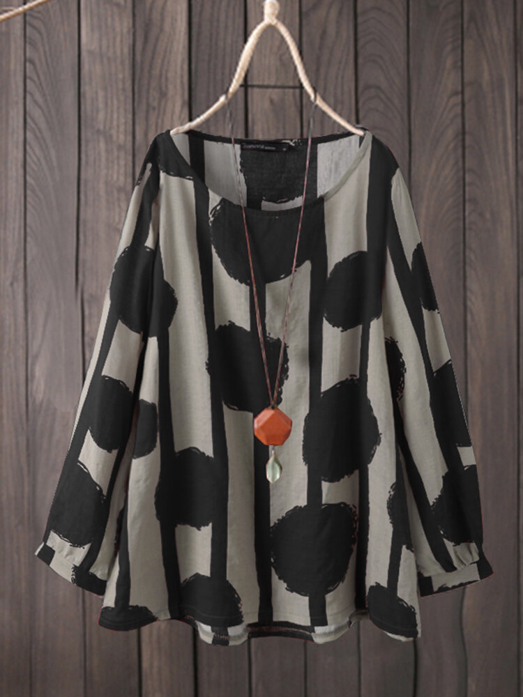 Round Pattern Long Sleeve Round Neck Casual Blouse