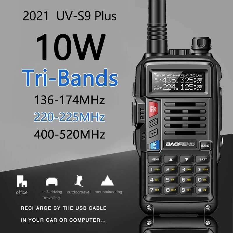 2021 BaoFeng UV-S9 Plus Walkie Talkie Tri-Band 10W Potente 10W CB Radio Transceptor VHF UHF 136-174Mhz / 220-260Mhz / 40