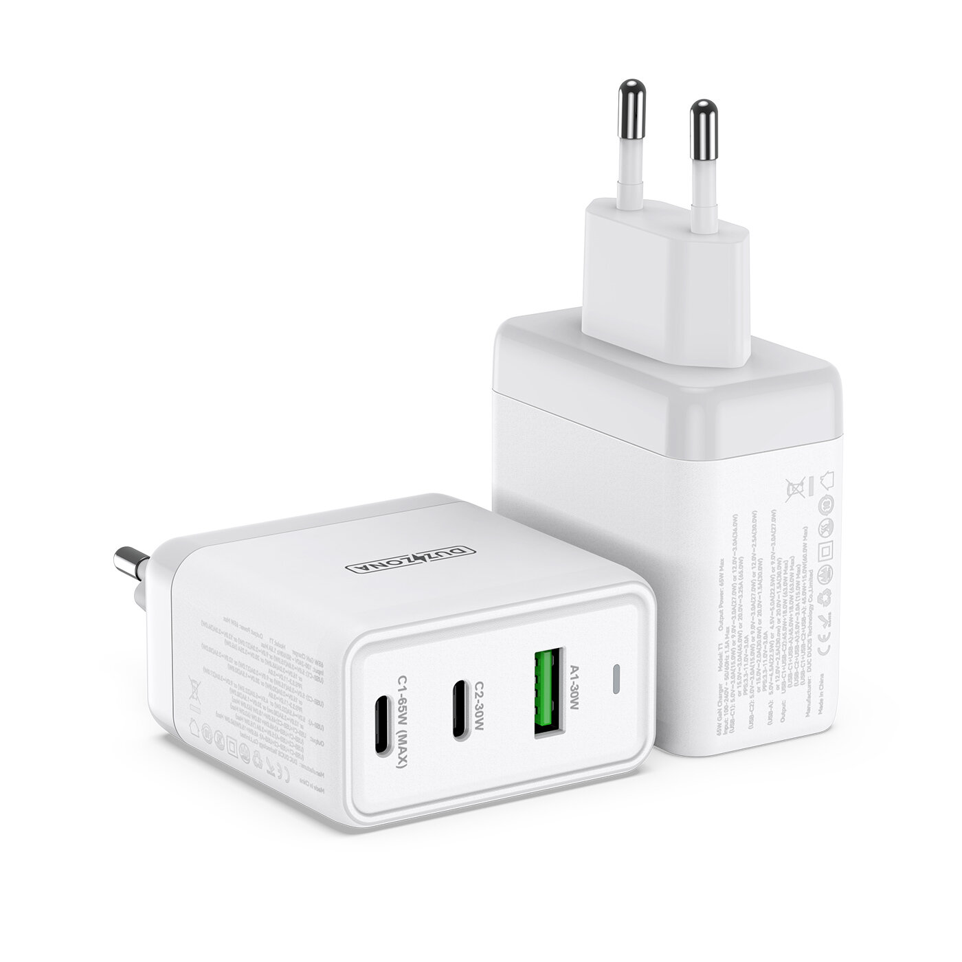 DUX DUCIS 3-Port PD 65W GaN Fast Charger 65W USB-C PD3.0 & Dual 30W QC3.0 PD3.0 Supports PPS/FCP/SCP