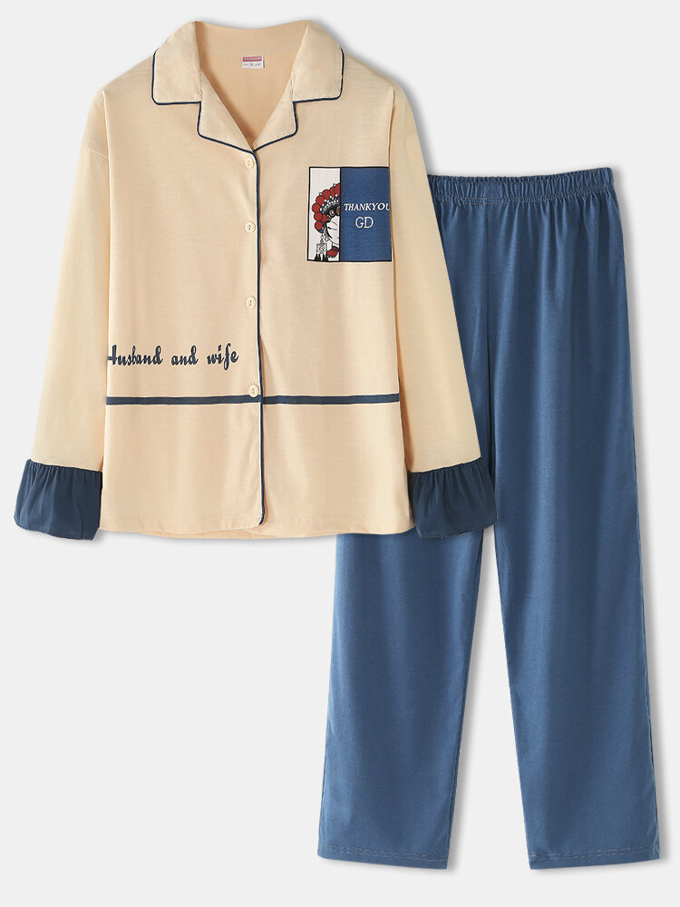 

Women Chinese Style Print Camp Collar Long Sleeve Shirt Elastic Waist Pocket Loose Pants Home Pajama Set
