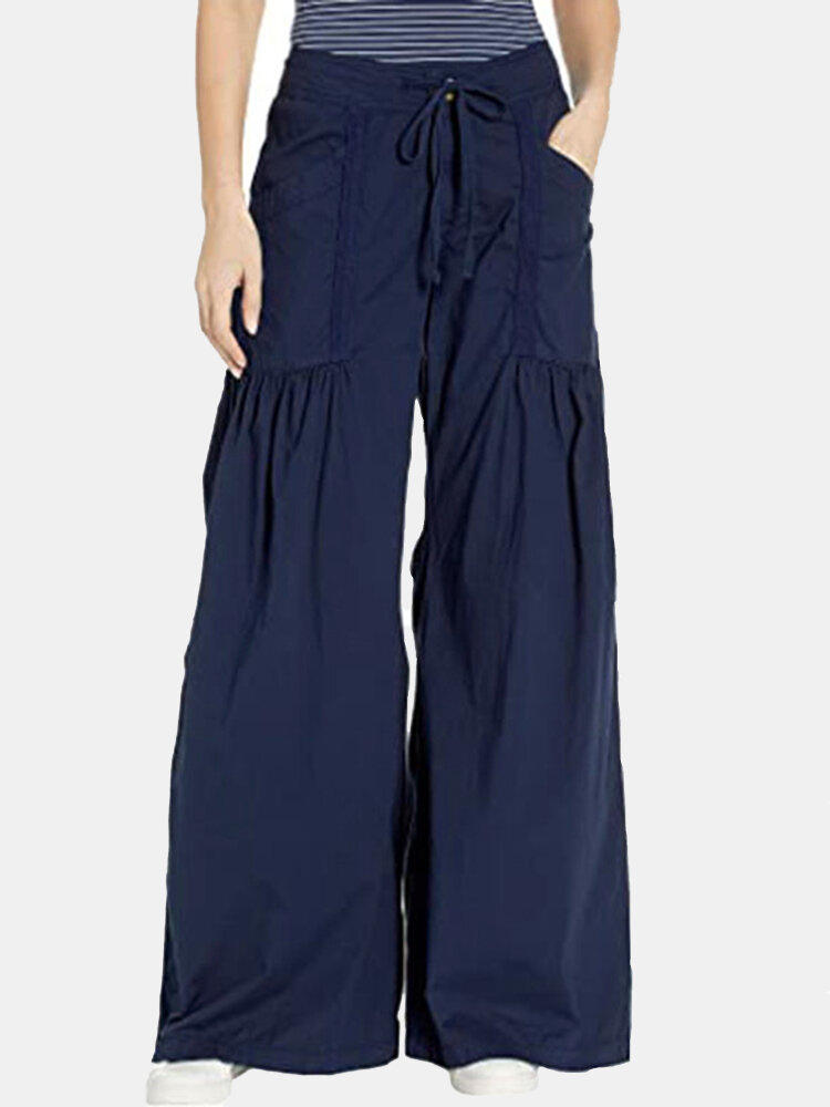 Women Solid Color Elastic Waist Loose Wide Leg Pants With Pocket