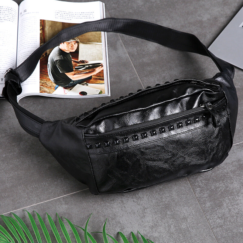 Men PU Leather Large Capacity Chest Bag Retro Waterproof Rivets Decorate Crossbody Shoulder Bag