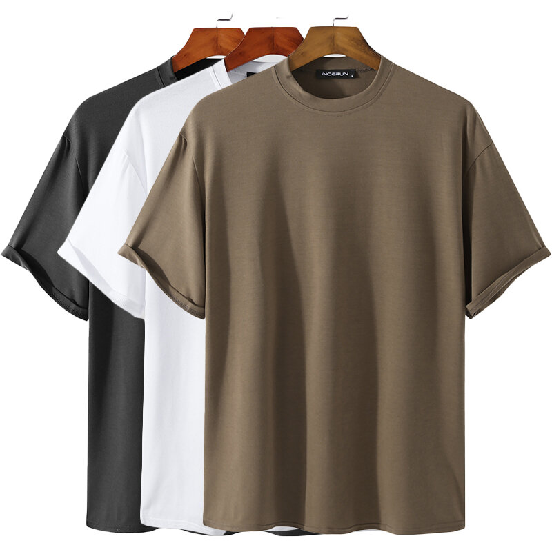 Round Neck Short-Sleeved Tops Solid Color Casual T-shirt Comfortable And Breathable Men's Tops Short-Sleeved, INCERUN  - buy with discount