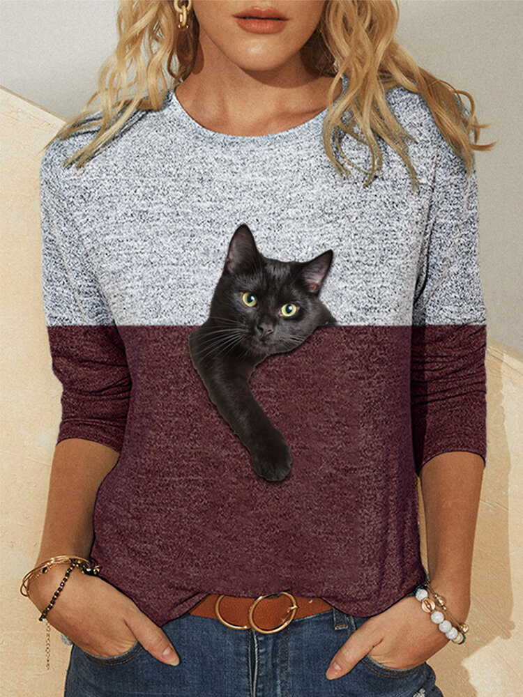 Women Contrast Color 3D Cat Print Long Sleeve O-Neck Casual T-Shirt