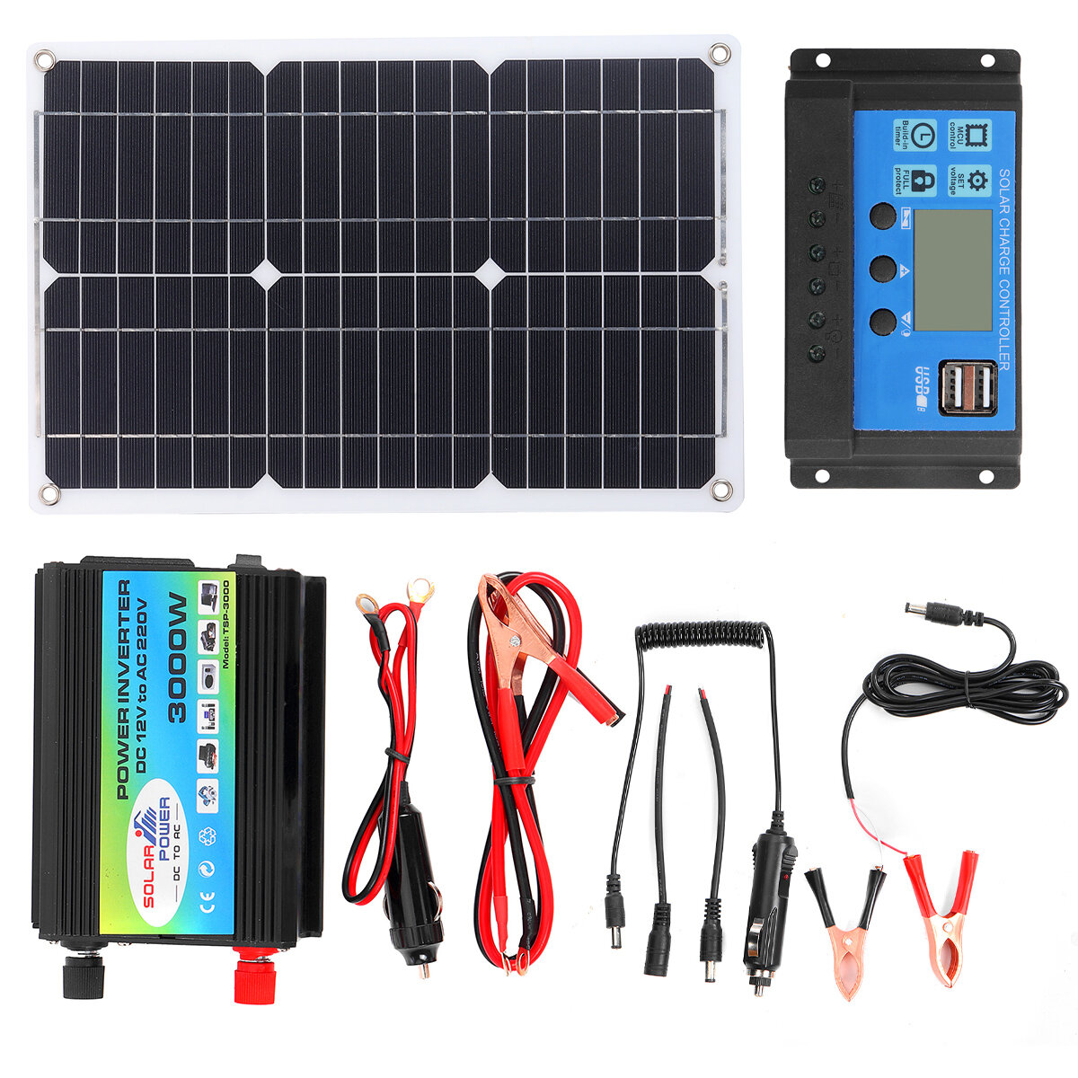 

Solar Power System 18W 18V Solar Panel Battery Charger 3000W Inverter 30A 12/24V Solar Controller USB Kit