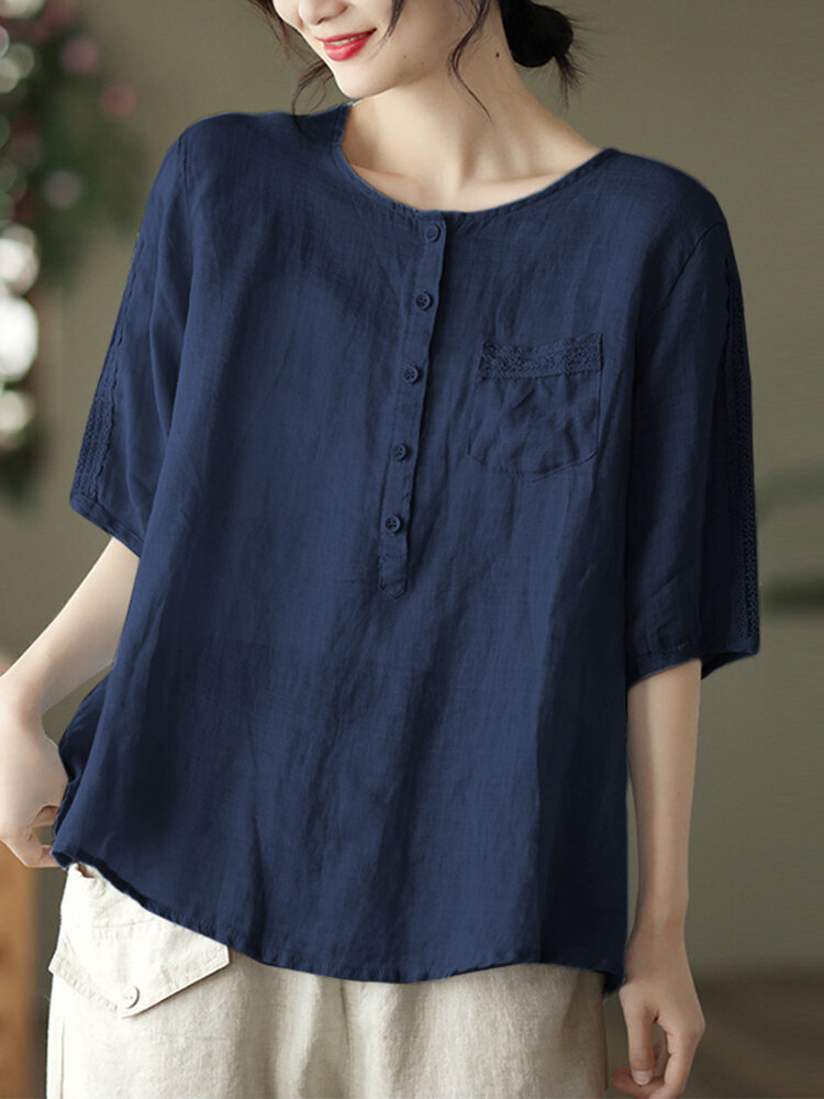 Solid Button Pocket Casual Short Sleeve Blouse