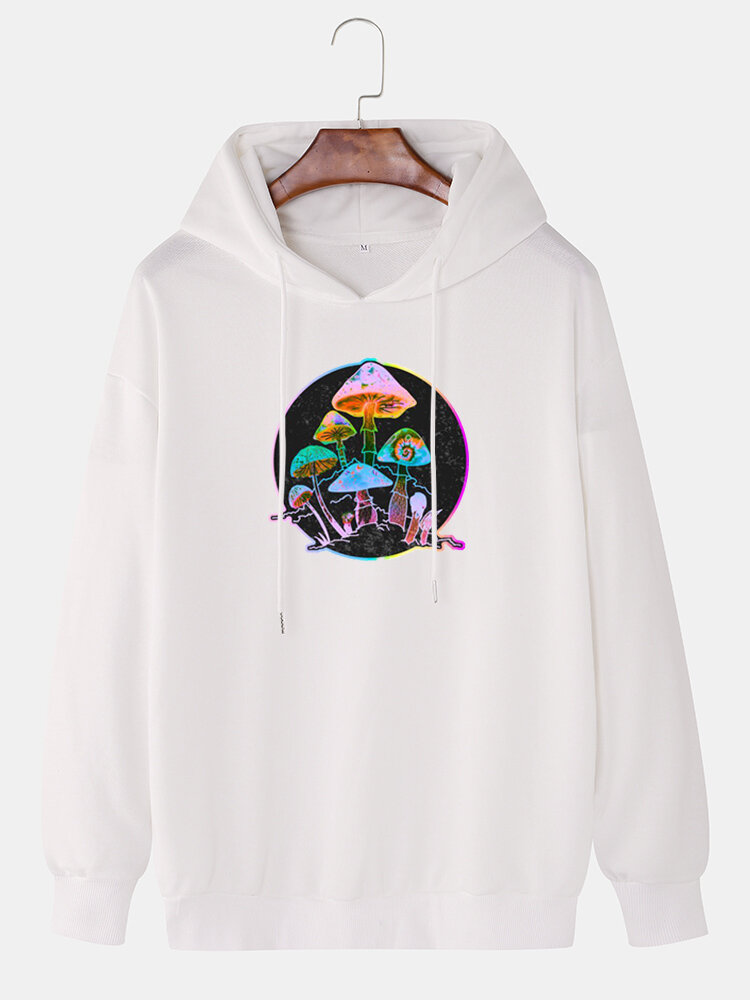 Mens Colorful Reflective Mushroom Print Relaxed Fit Pullover Hoodie