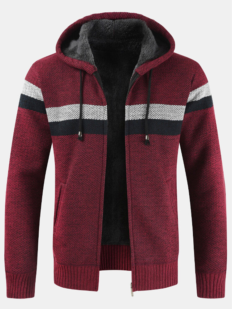 

Mens Patchwork Zip Front Rib-Knit Plush Lined Hooded Cardigans With Pocket