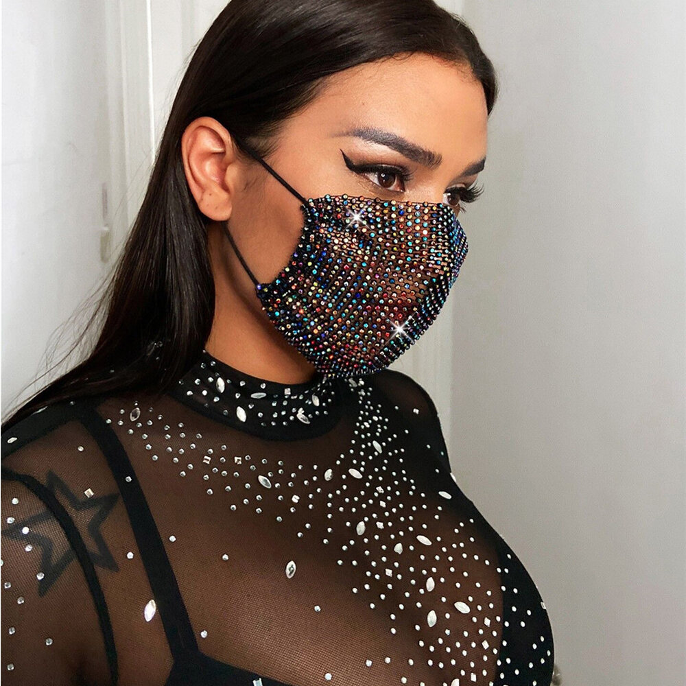 Halloween Shiny Rhinestone Mask Decoration Face Accessories Face Cover for Women Wedding Nightclub D
