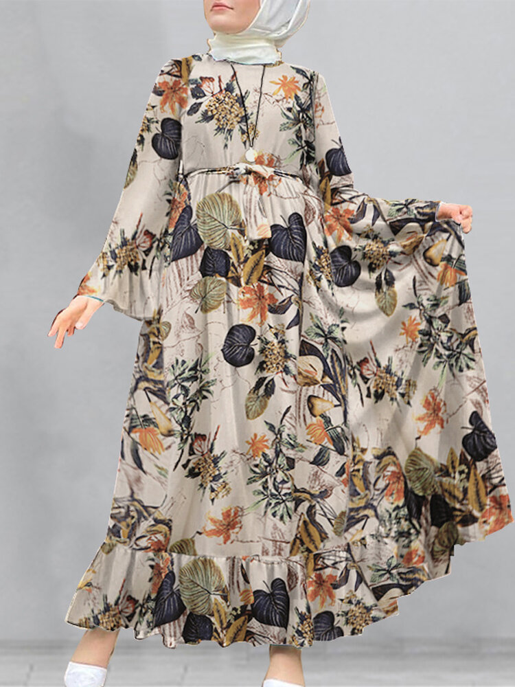 Women Cotton Floral Print Flare Sleeve Bandage Kaftan Loose Tunic Maxi Dress