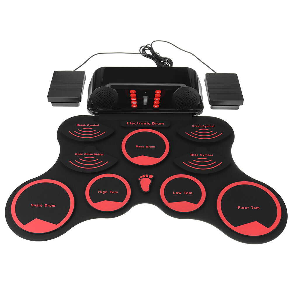 Portable Roll Up Electronic Drum Kit 9 Silicon Pads Built-in Speakers with Drumsticks Sustain Pedal Support USB MIDI