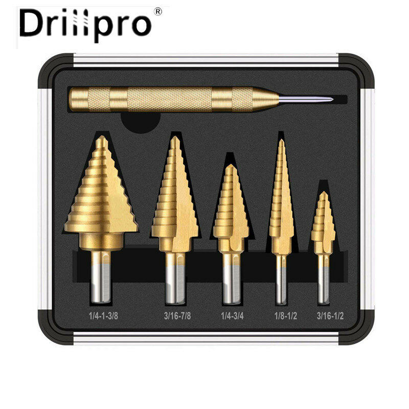 

Drillpro 6PCS Premium Titanium-Coated HSS 4241 Step Drill Bit Set by Pro-Drills Variety Pack (1/8" to 1-3/8") High-Speed