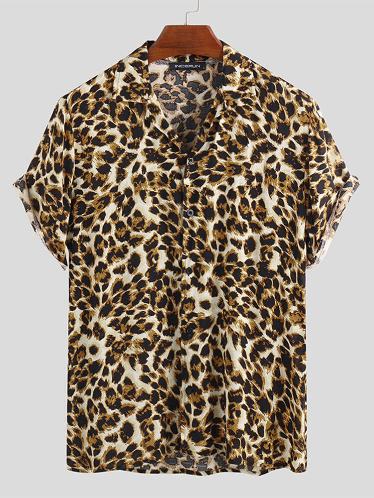 Heren zomer losse mode knappe luipaard afdrukken shirts