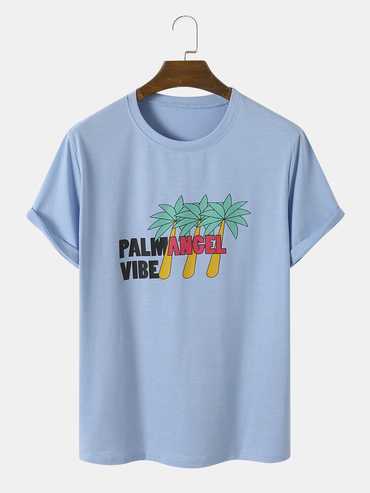 Men Palm Tree & Letter Print Casual All Matched Skin Friendly Crew Neck T-Shirts