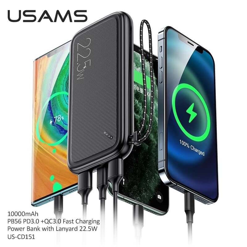 

USAMS 22.5W PD3.0 + QC3.0 10000mAh Power Bank Поддержка QC / FCP / AFC / Apple 2.4A Зарядное устройство с быстрой зарядк
