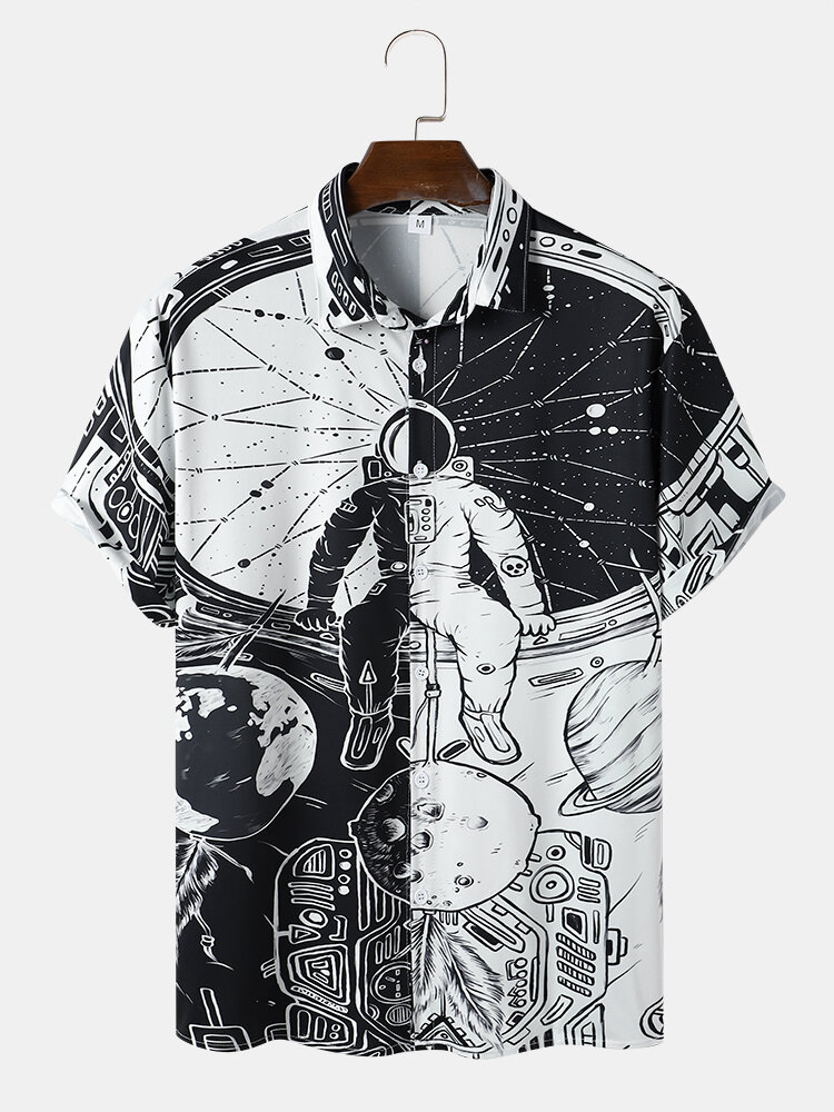 Heren Astronaut-patroon gesplitste casual shirts met korte mouwen