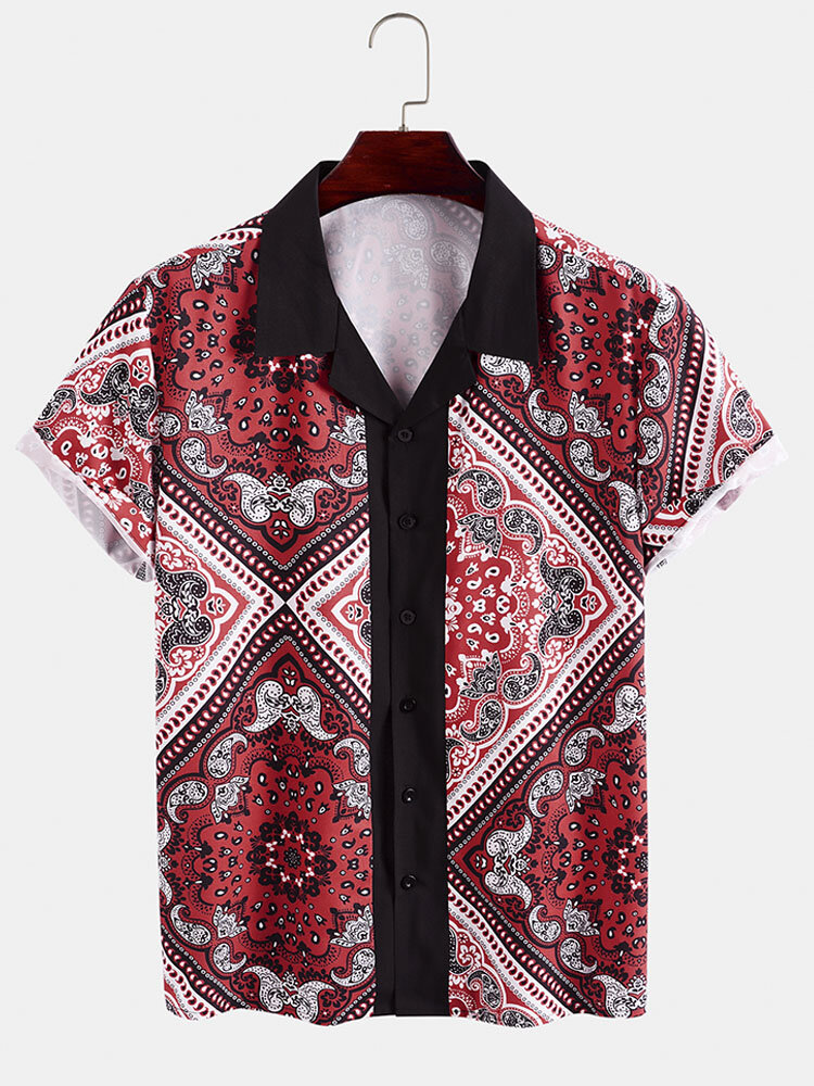 

Mens Paisley Scarf Print Revere Collar Ethnic Style Short Sleeve Shirts