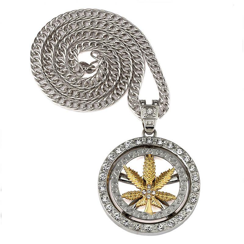 Hip Hop Spinning Snake Chain Marijuana Gold Leaf Pendant Necklace Wholesale for Men