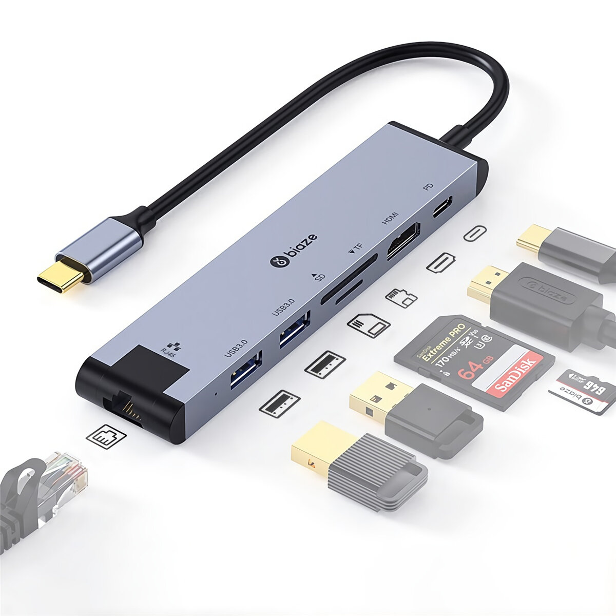 Biaze R48 7-in-1 Type-C Docking Station USB3.0 Hub USB-C to HDMI-compatible 4K Converter TF/SD Card Reader PD Fast Charg