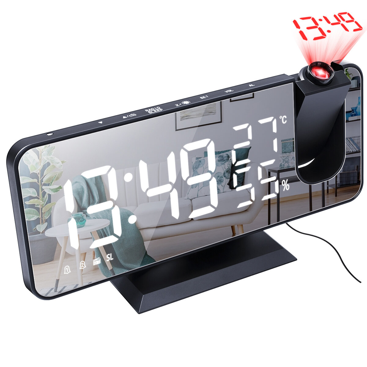 Bakeey LED Digital Alarm Clock FM Radio HD Time Projection Mirror Clocks Snooze Function Temperature Humidity Display Electronic Clock Time Clock