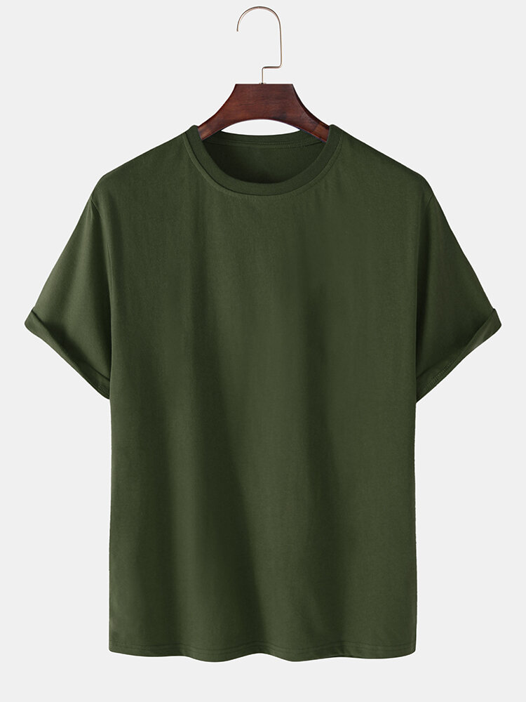 Ademende effen kleur katoenen T-shirts met ronde hals en korte mouwen