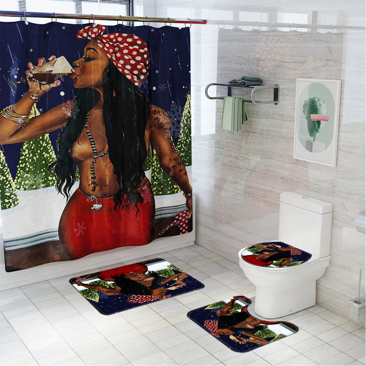 Kerst Afrikaanse Meisje Afdrukken Badkamer Douchegordijn Set Wc Cover Mat Badkamer Antislip Mat Tapi