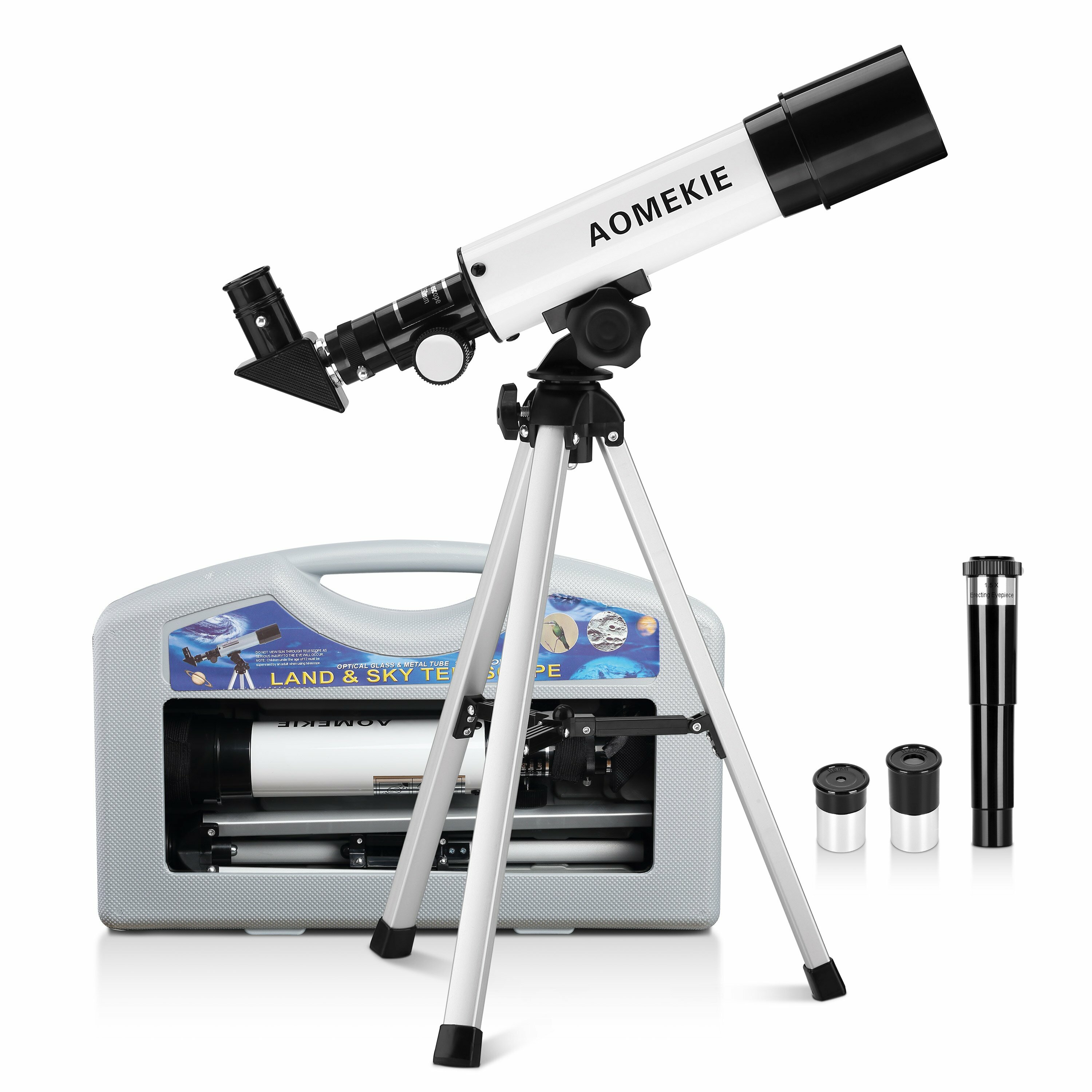 Рефракторный телескоп AOMEKIE для детей 50/360 мм для начинающих астрономов с чехлом для переноски, штативом, прямоугольным окуляром