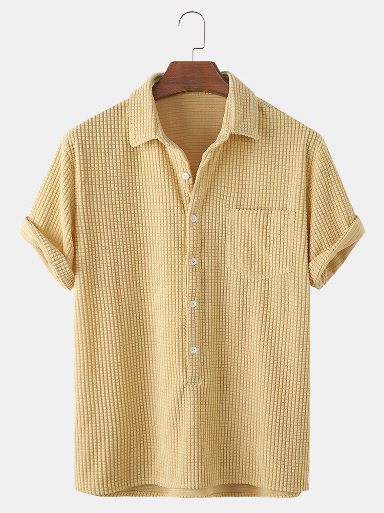 

Thin Corduroy Solid Henley Collar Chest Pocket Short Sleeve Shirts