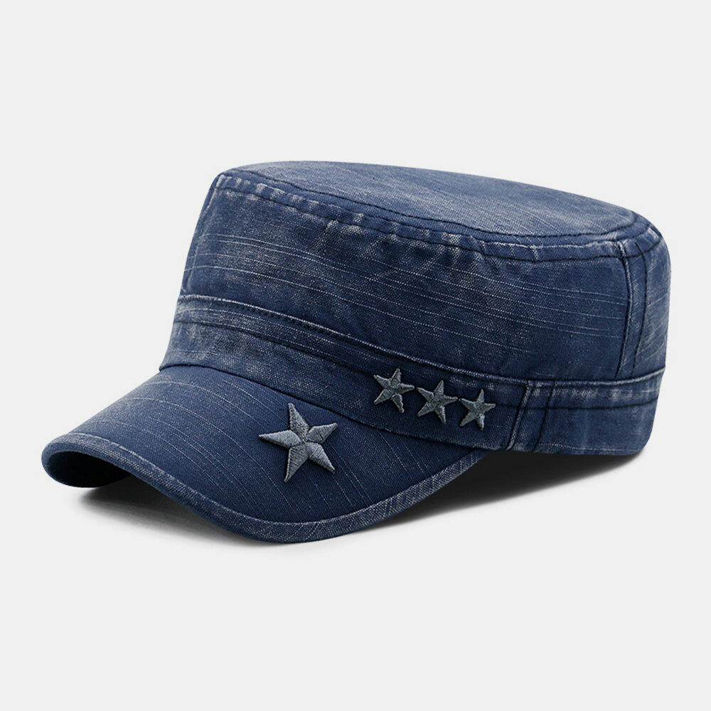 Men Made-old Denim Stars Embroidery Pattern Breathable Sunvisor Military Hat Flat Hat Peaked Cap