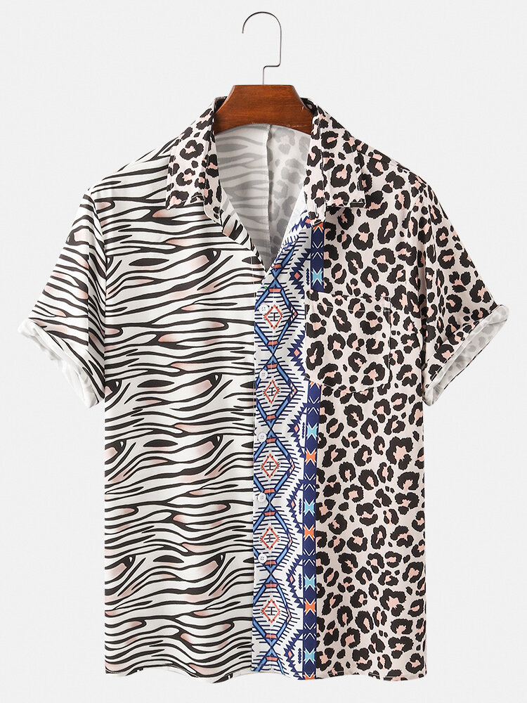 

Banggood Designs Мужские лоскутные леопардовые карманные печати с коротким рукавом повседневные рубашки