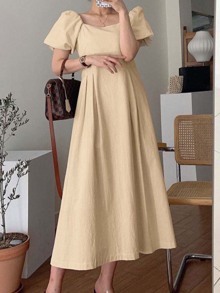 100 Cotton Puff Sleeve Pleated Summer Holiday Dress For Women