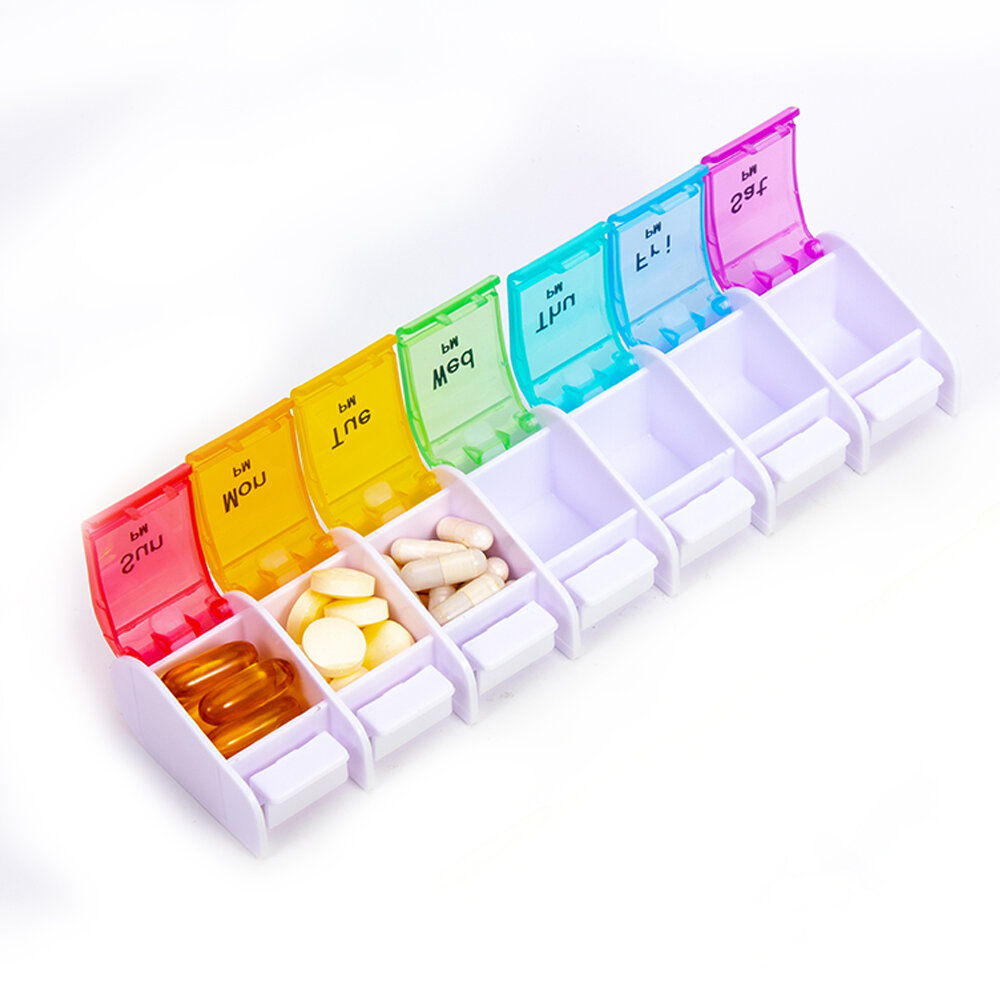 

AIMO Single Row Weekly Pill Organizer Press Arthritis Friendly Travel 7 Day Pill Box Case with Spring Open Design and La