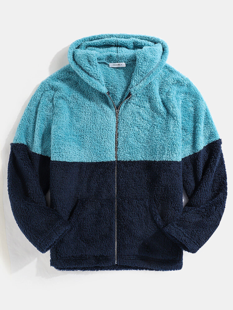 

Fluffy Contrast Color Patchwork Pocket Csaual Teddy Hoodie Fluffy Jacket