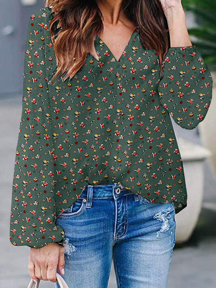 Ditsy Floral V Neck Casual Long Sleeve Loose Blouse
