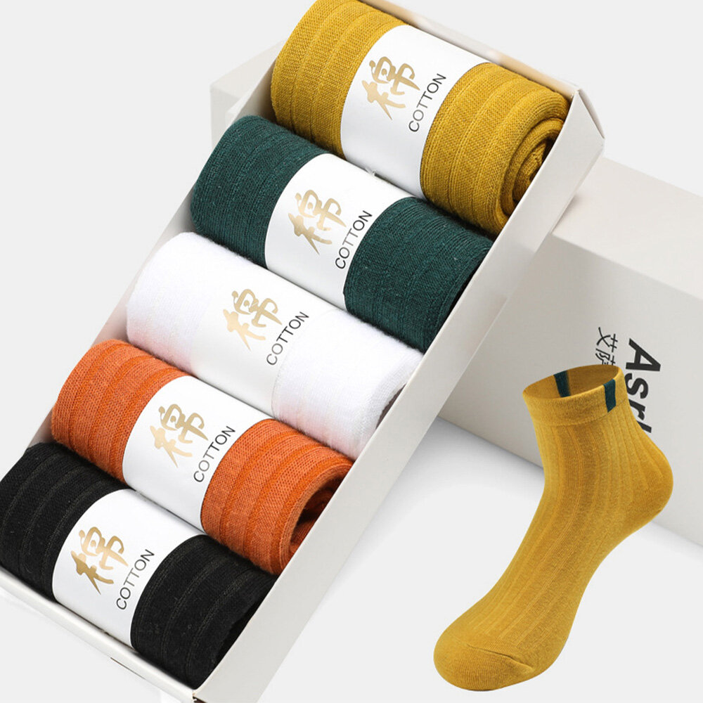 

5 Pairs Unisex Cotton Solid Color Striped Pattern Deodorant Sweat-absorbent Breathable Tube Socks
