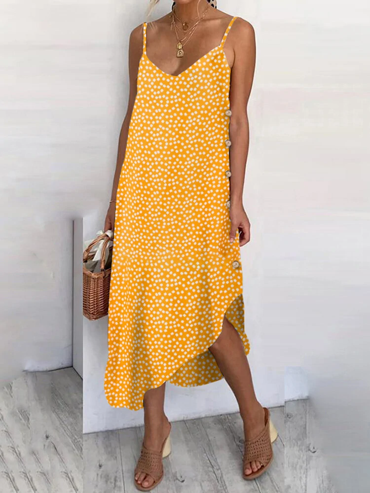 Women sunflower print button detail holiday casual diagonal hem sling dress